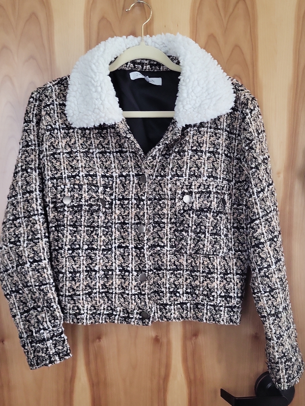 Sweet Rain Plaid Tweed Jacket with White Sherpa Collar